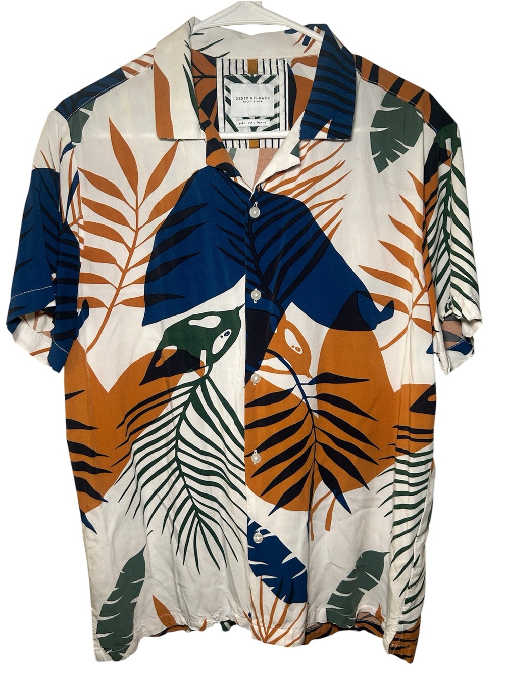 Denim & Flower Men’s Short Sleeve Tropical Print Shirt White Blue Orange Green